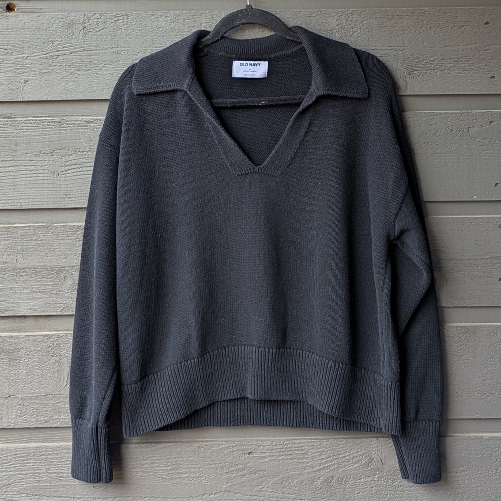Old Navy Black Jack Refined Cotton Slouchy Boyfriend Polo Sweater Medium